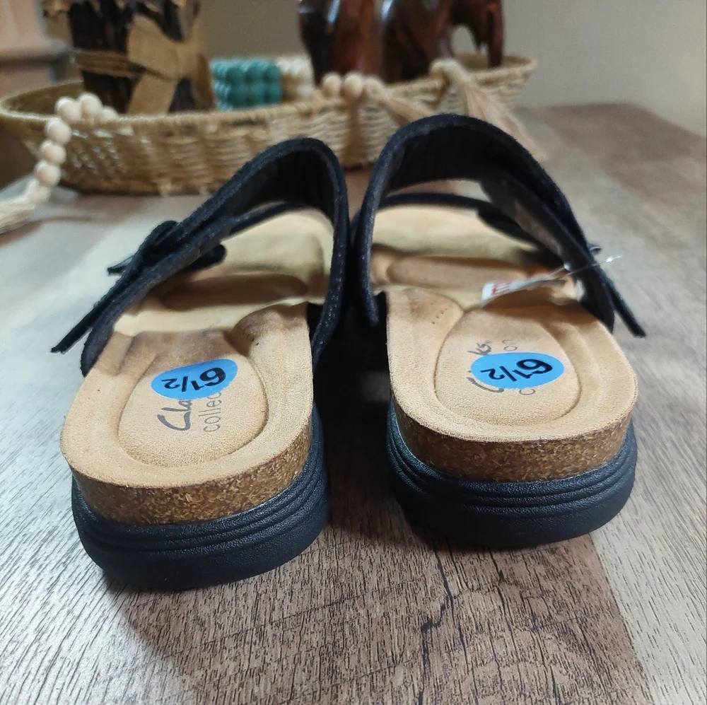 Clarks Collection Shoes Women Black Adjustable Slide Sandals April Dusk Size 6.5